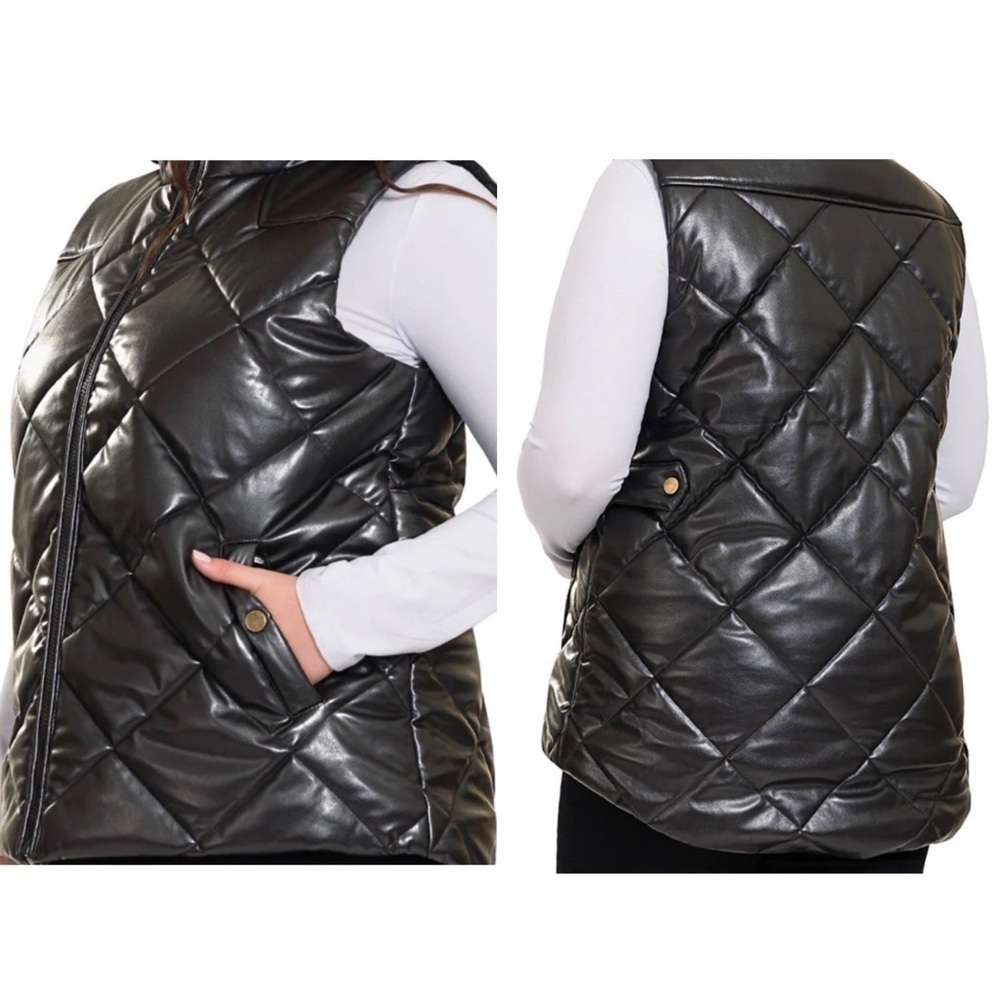 Zenana Faux Black Vegan Leather puffer puffy vest with Zipper Pocket 2X - Picture 1 of 8